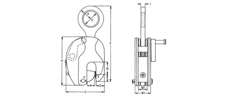 RS型豎吊鋼板鉗結構尺寸圖 RS型豎吊鋼板鉗結構尺寸圖