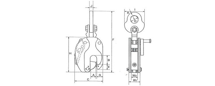 RST型豎吊鋼板鉗結構尺寸圖 RST型豎吊鋼板鉗結構尺寸圖